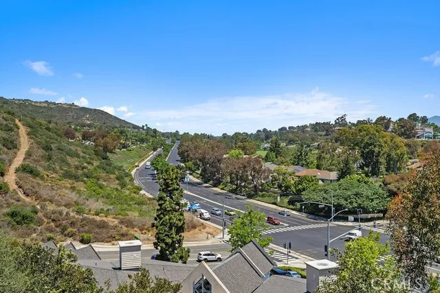 a view of a city with lush green forest