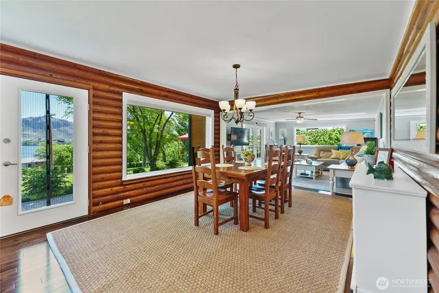 a dining room with furniture a flat screen tv and a large window