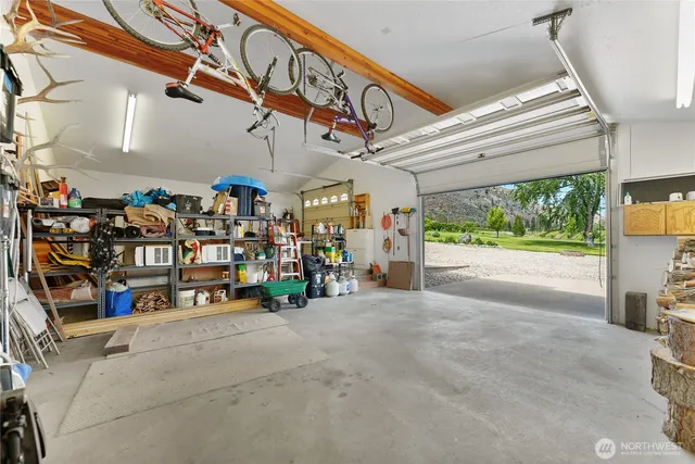 a view of a garage with storage