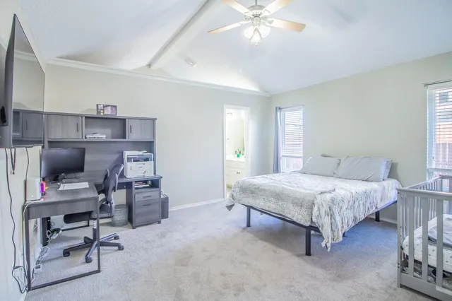 a bedroom with a bed a desk and chair