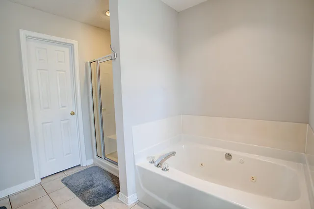 a bathroom with a bathtub and shower