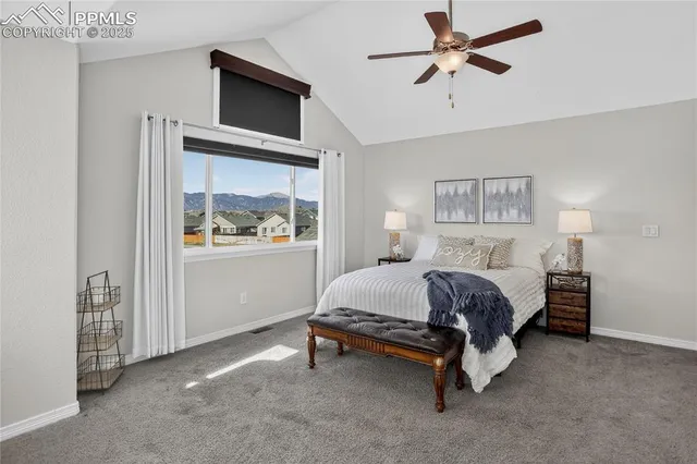 a bedroom with a bed and a ceiling fan