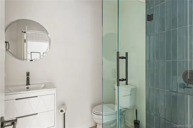a bathroom with a toilet a sink and mirror