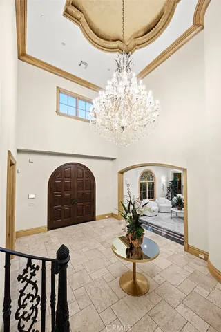 a view of a lobby with a chandelier