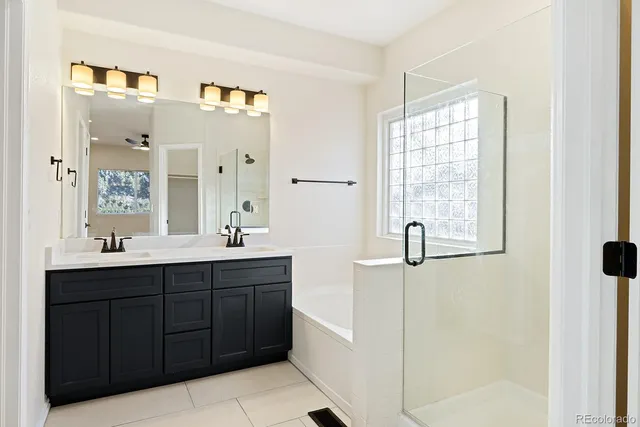 a bathroom with a double vanity sink a mirror and a shower
