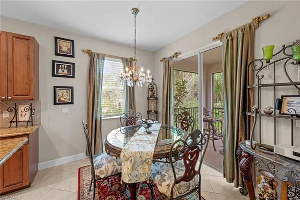 a view of a dining room with furniture window and outside view