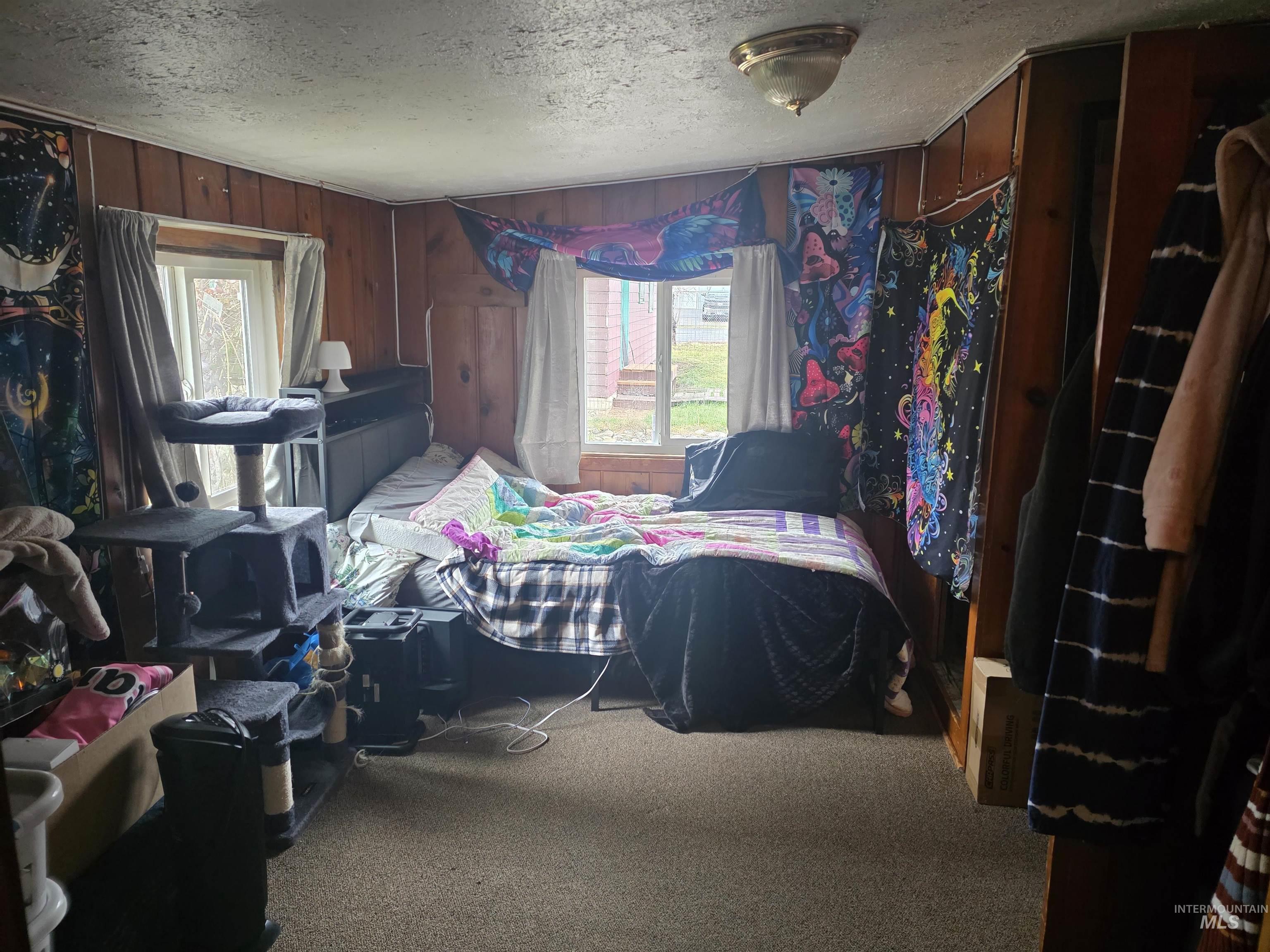 210 Pine Avenue Kooskia, ID 83539 - Photo 6 of 8 Bedroom with carpet, wooden walls, and multiple windows