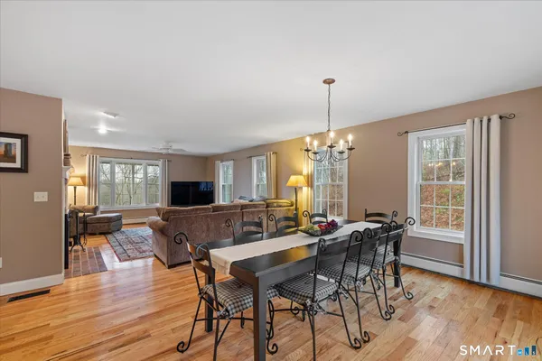 a view of a dining room with furniture window and wooden floor