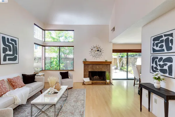 a living room with furniture and a fireplace