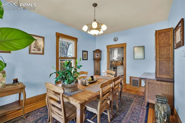 a dining room with furniture potted plants and wooden floor