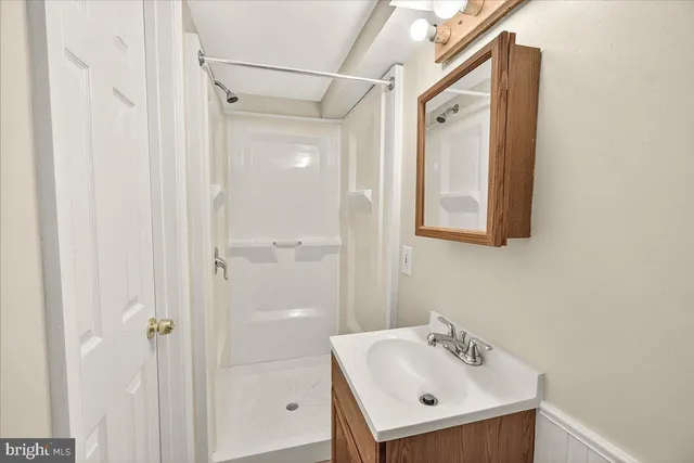 a bathroom with a sink mirror and shower