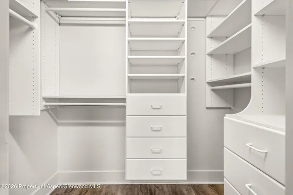 a view of walk in closet with empty racks