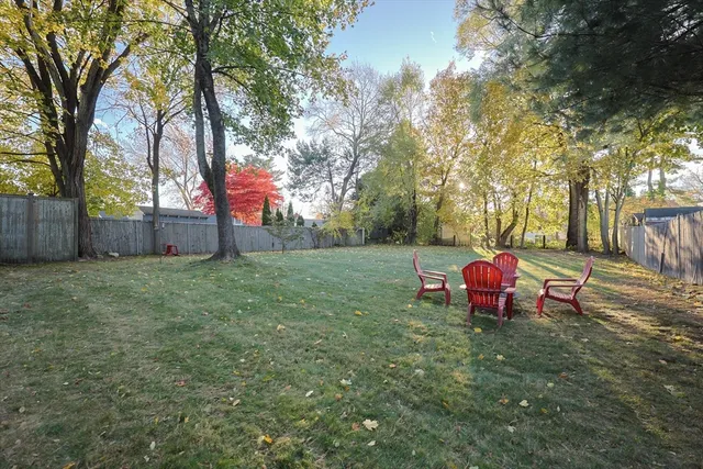 a view of a backyard with table and chairs and a large tree