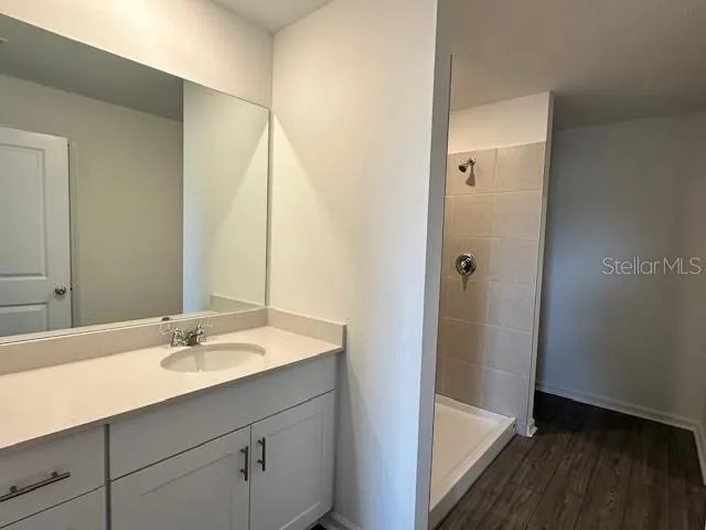 a bathroom with a shower and a sink