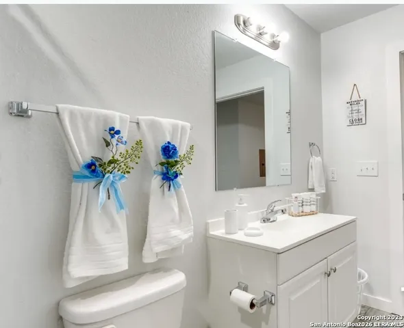 a bathroom with a sink a toilet and a mirror