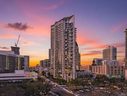 a city view with tall buildings