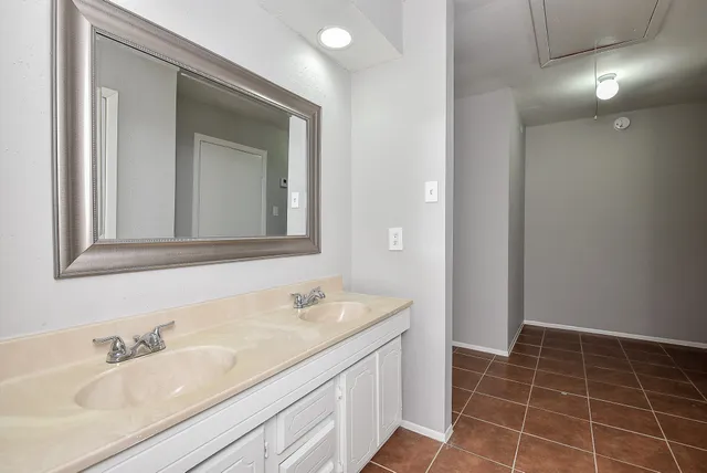 a bathroom with a sink vanity and a mirror