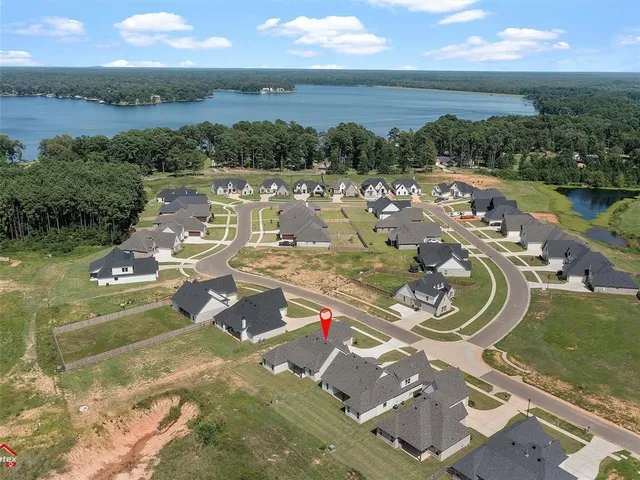 a view of a lake in middle of the town