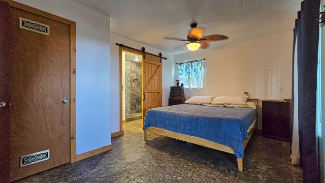 a bedroom with a bed and a chandelier