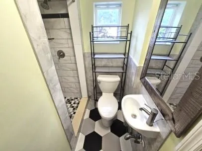 a bathroom with a toilet and a mirror