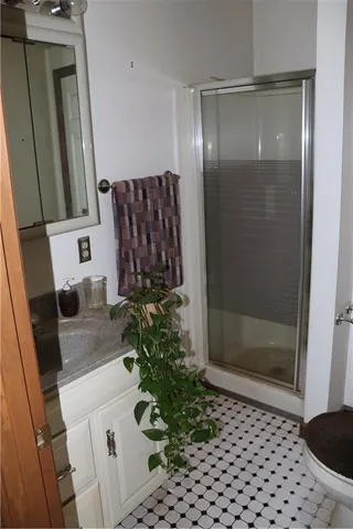 a bathroom with a shower and a sink