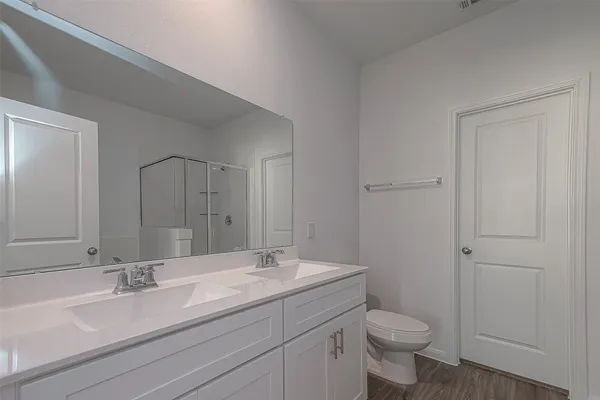 a bathroom with a sink a toilet and a large mirror