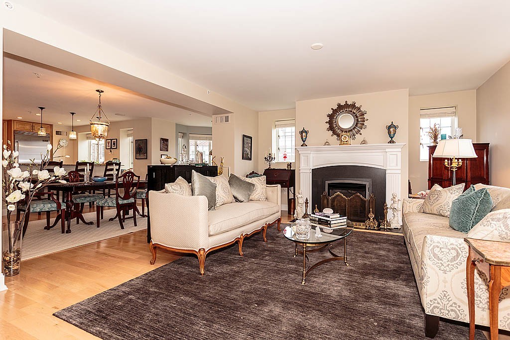20 Chapel Street, Unit C1001 Brookline, MA 02446 - Photo 2 of 28 a living room with furniture a rug and a fireplace