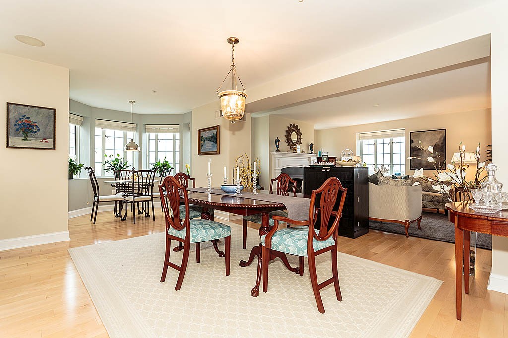 20 Chapel Street, Unit C1001 Brookline, MA 02446 - Photo 8 of 28 a view of a dining room and livingroom with furniture wooden floor a rug a painting and a chandelier