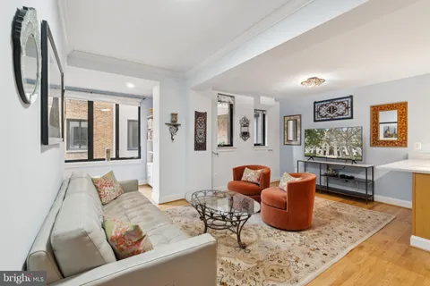 a living room with furniture rug and window
