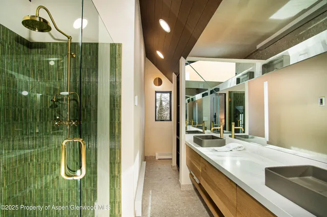 a bathroom with a shower sink and mirror