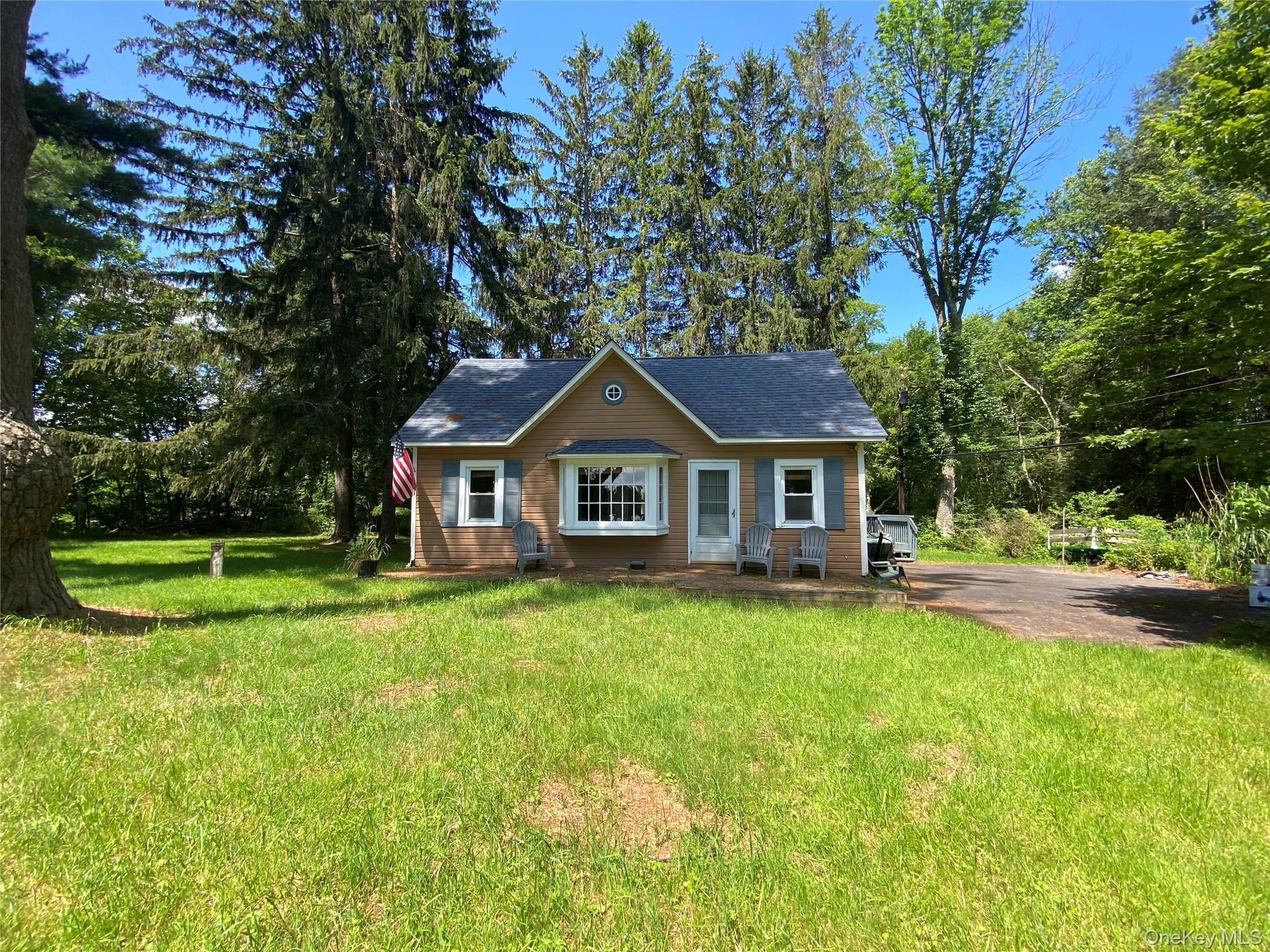 a front view of a house with yard and green space