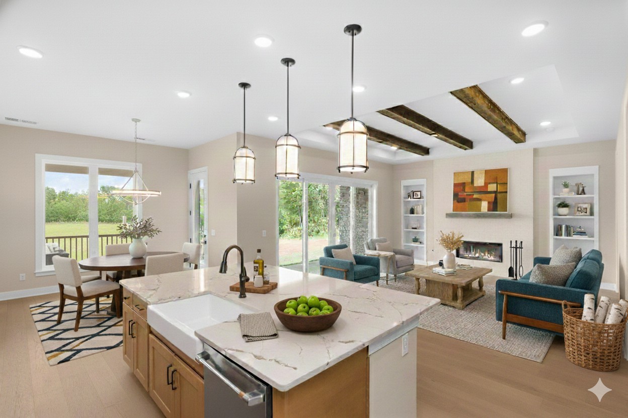 a view of living room with kitchen island furniture and a wooden floor