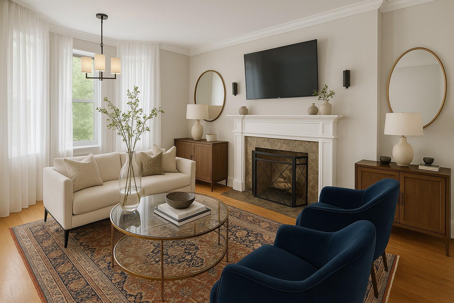 8 Barstow Road, Unit 2G Great Neck, NY 11021 - Photo 1 of 1 Living area featuring wood finished floors, crown molding, a fireplace with flush hearth, and a chandelier