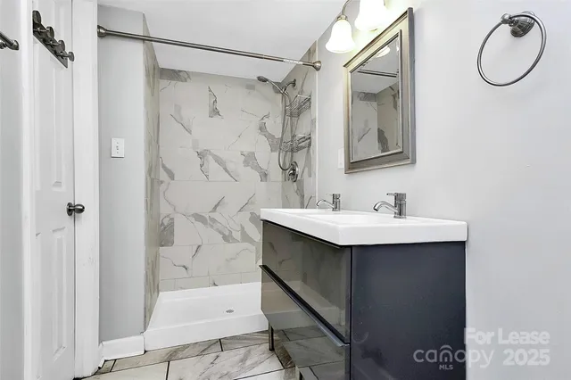a bathroom with a sink mirror and shower