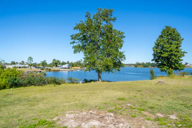 an aerial view of a house with a yard lake view and city view