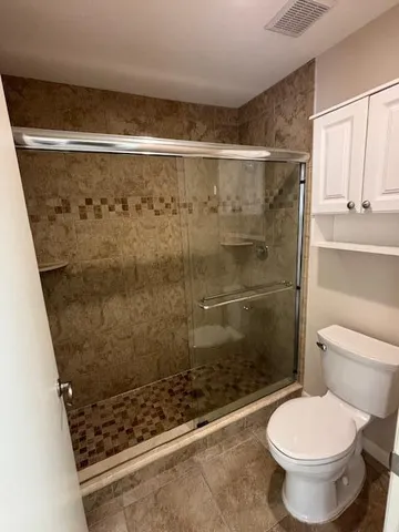 a bathroom with a shower and a toilet
