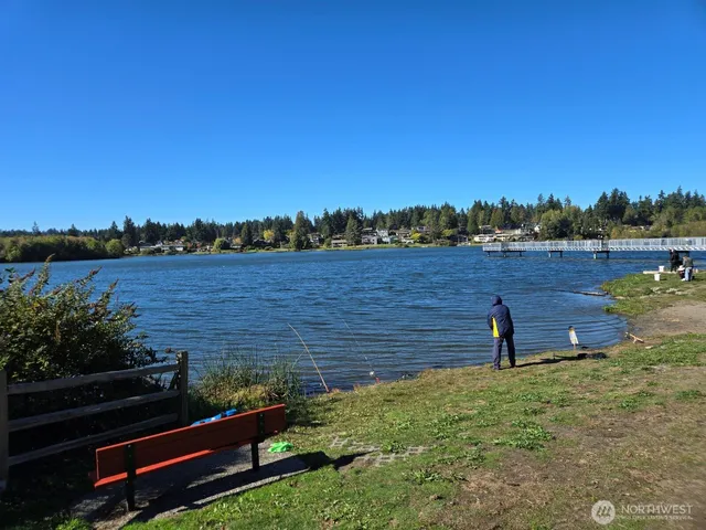 a view of a lake with outdoor space