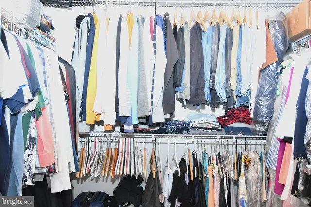 a view of walk in closet with clothes