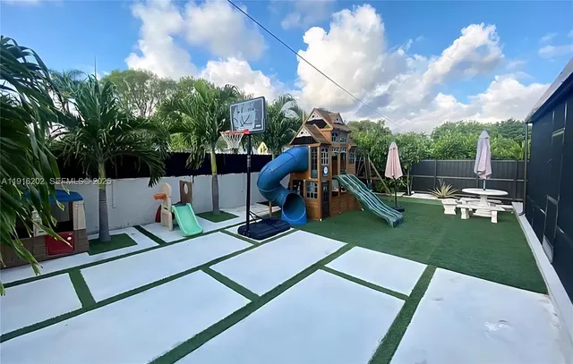 a view of a park with swings