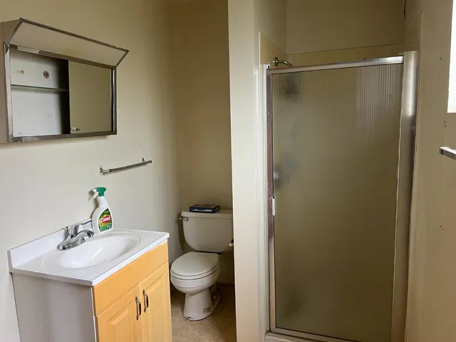 a bathroom with a toilet a sink and mirror