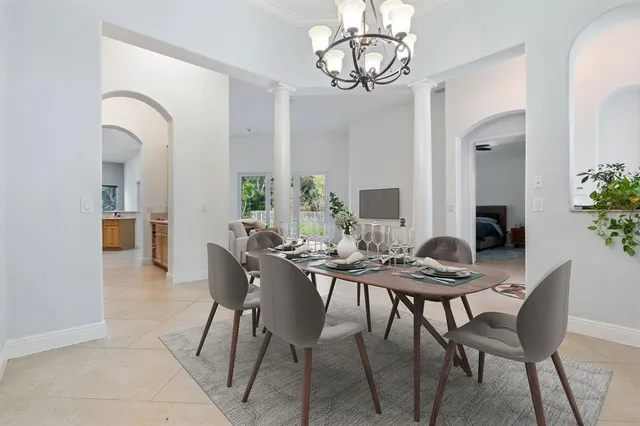 a view of a dining room with furniture