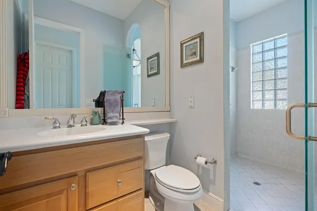 a bathroom with a sink toilet vanity and shower