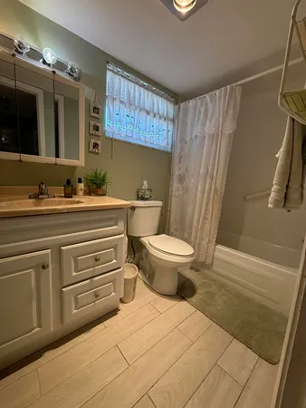 a bathroom with a sink a toilet a mirror and shower