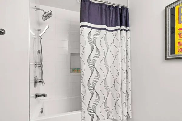 a bathroom with a bathtub and a shower
