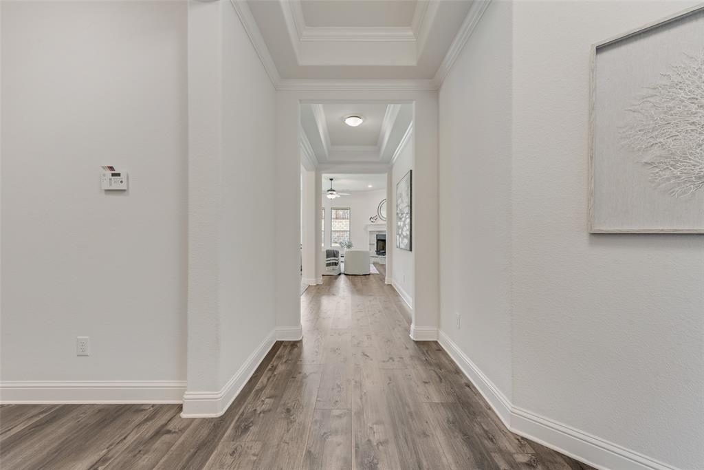 704 Toby Trail Mansfield, TX 76063 - Photo 11 of 40 Hallway featuring a raised ceiling, wood finished floors, and ornamental molding