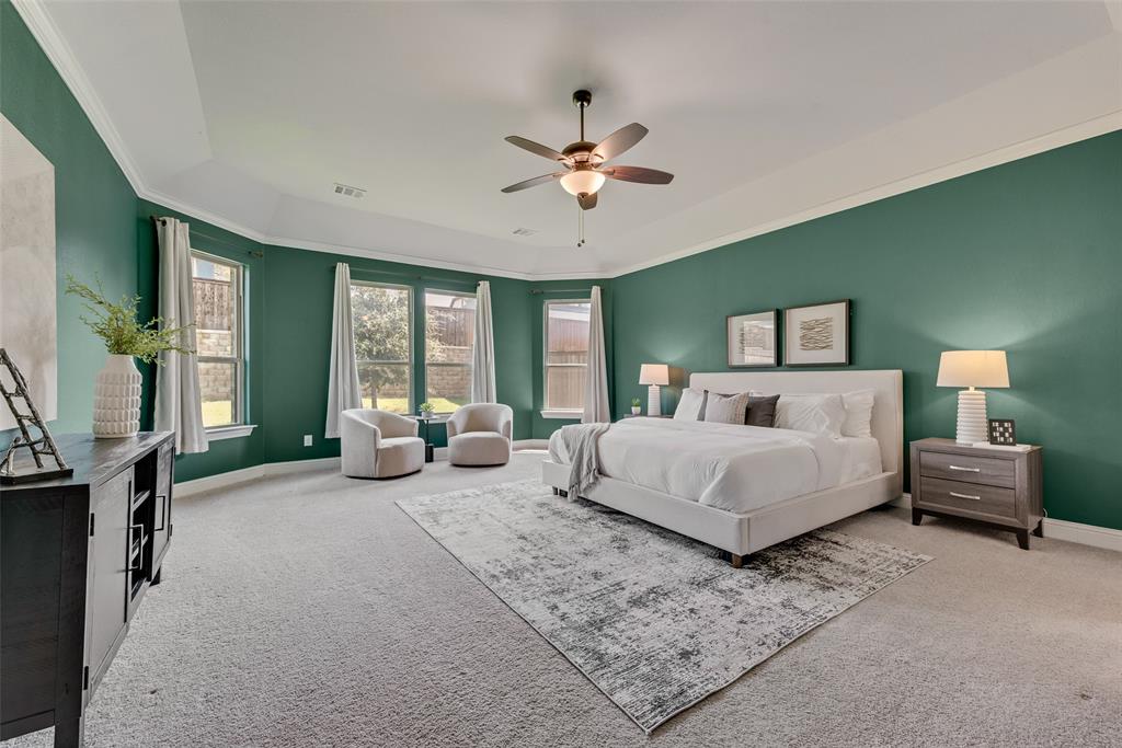 704 Toby Trail Mansfield, TX 76063 - Photo 24 of 40 Bedroom with ornamental molding, carpet, ceiling fan, and a raised ceiling