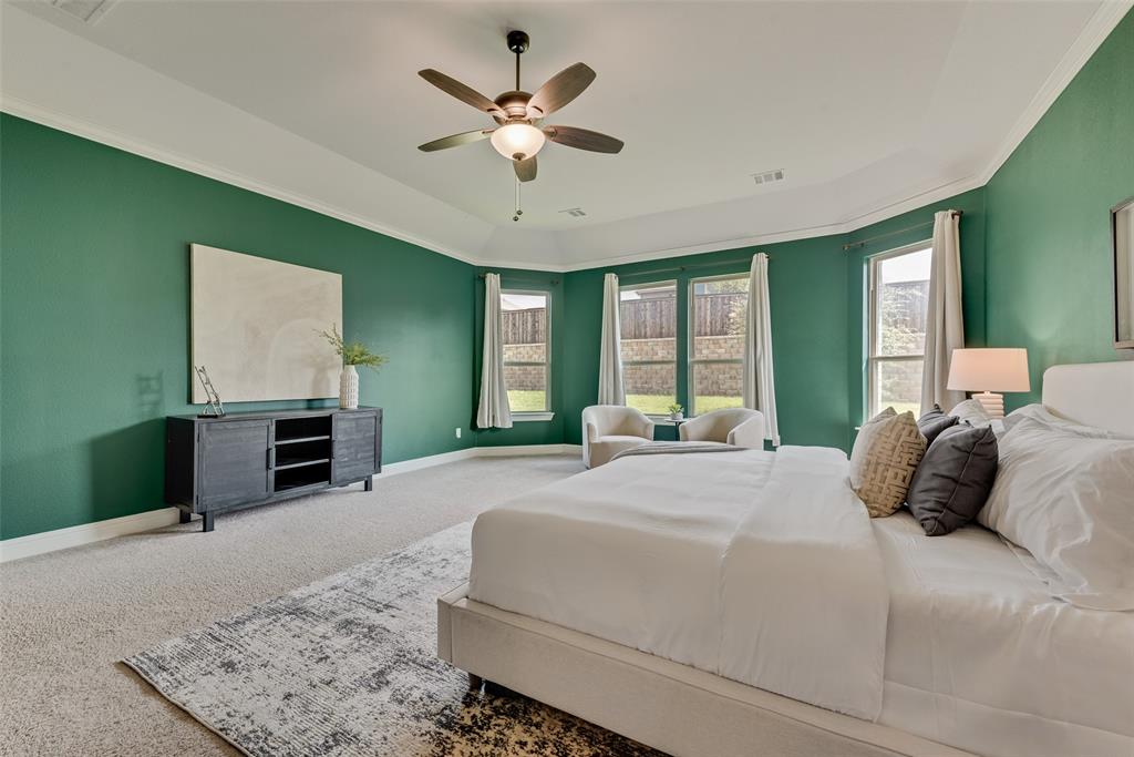 704 Toby Trail Mansfield, TX 76063 - Photo 26 of 40 Bedroom with carpet floors, multiple windows, ceiling fan, and crown molding