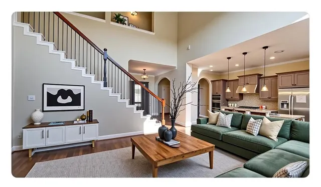 a living room with furniture ceiling fan and a wooden floor