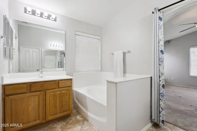 a bathroom with a tub sink and mirror