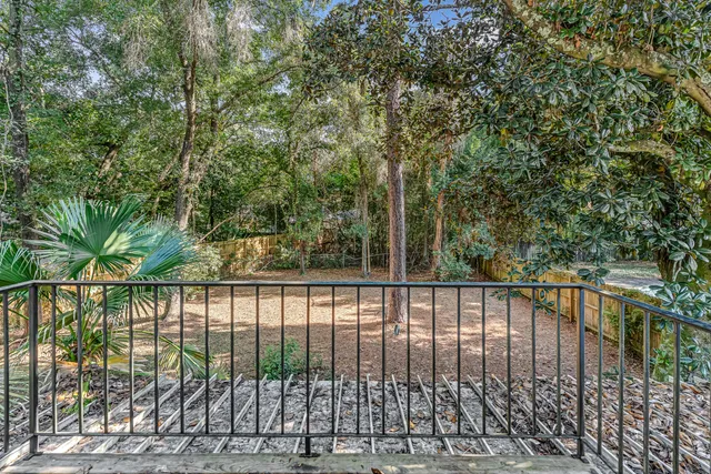 a view of a backyard with large trees